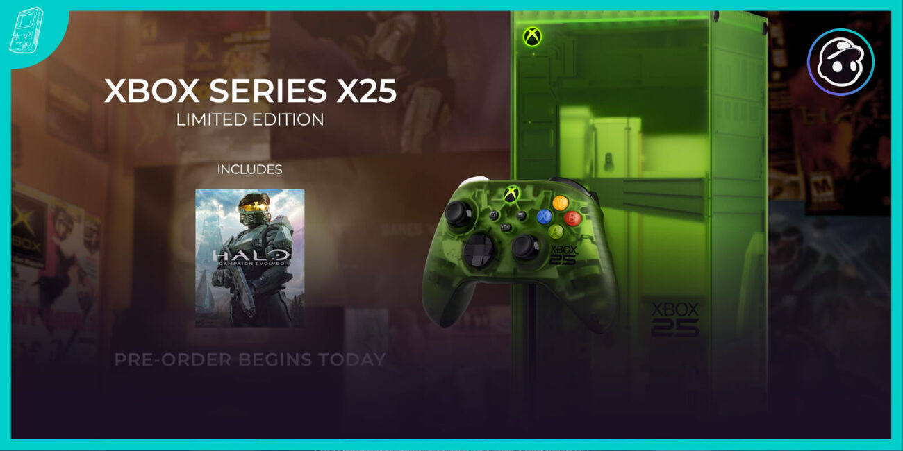 Xbox Series X25 translúcida con control especial y Halo Campaign Evolved.